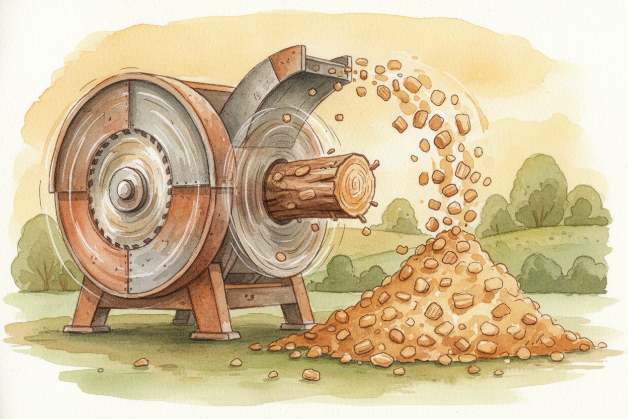 First, the tree gets chopped into logs, then the logs get fed into a machine that strips off the bark and chops the wood