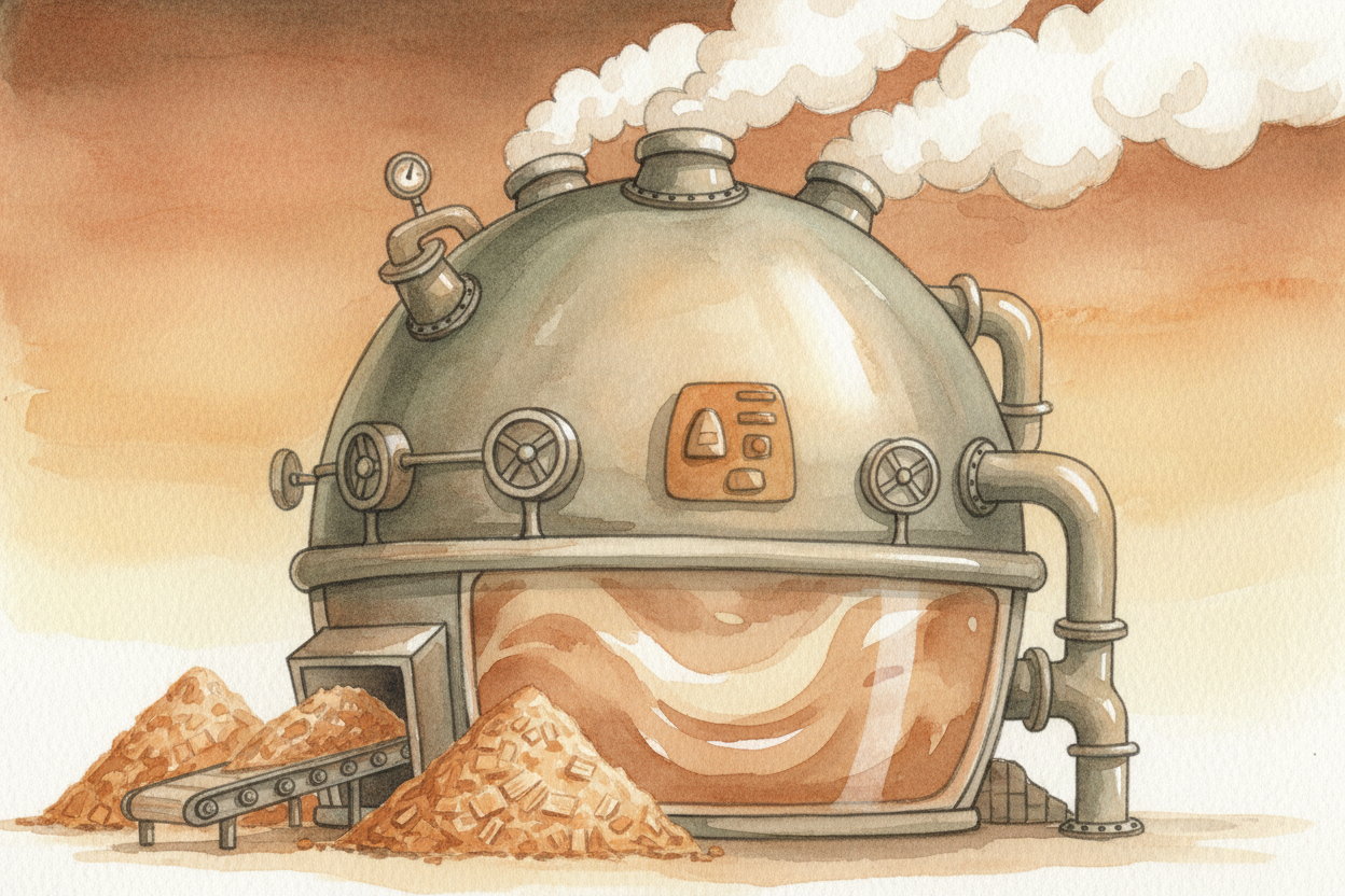 Now comes the chemistry. The wood chips go into a giant pressure cooker called a ++digester++, where they're cooked with