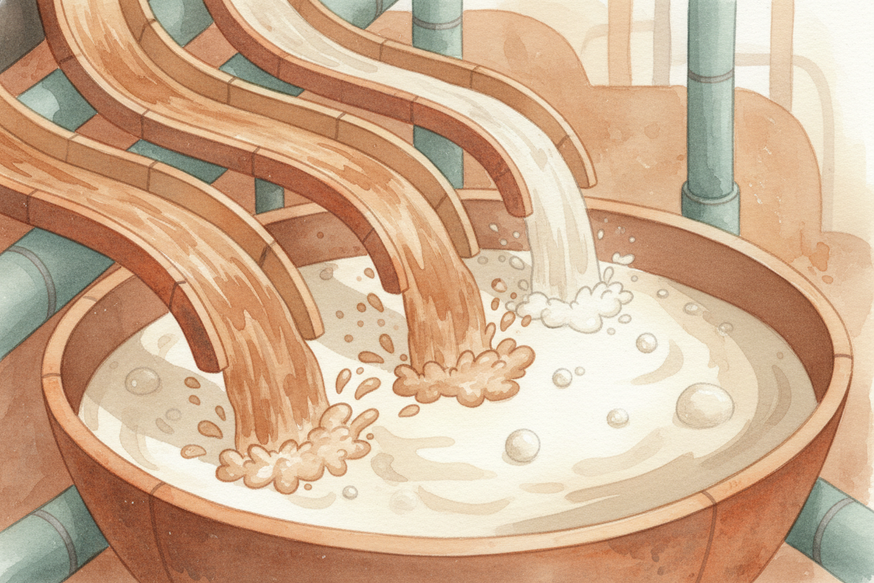 The pulp gets washed to rinse out the chemicals, then bleached if the paper needs to be white. But it's still soupy — ab