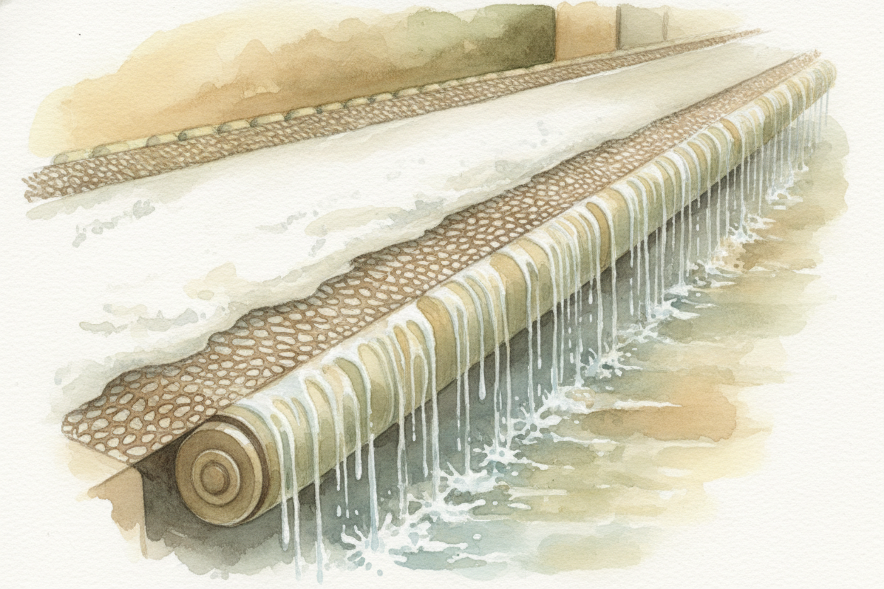 The pulp gets poured onto a moving screen — a long conveyor belt made of fine mesh, ~~the length of a football field~~. 