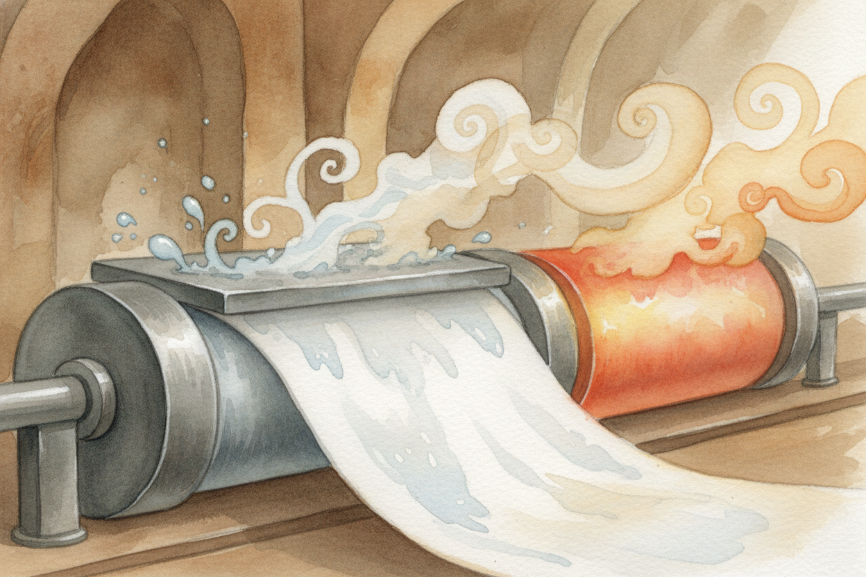 The wet sheet — still fragile, still about 50% water — travels through a series of heavy rollers that squeeze it like a 