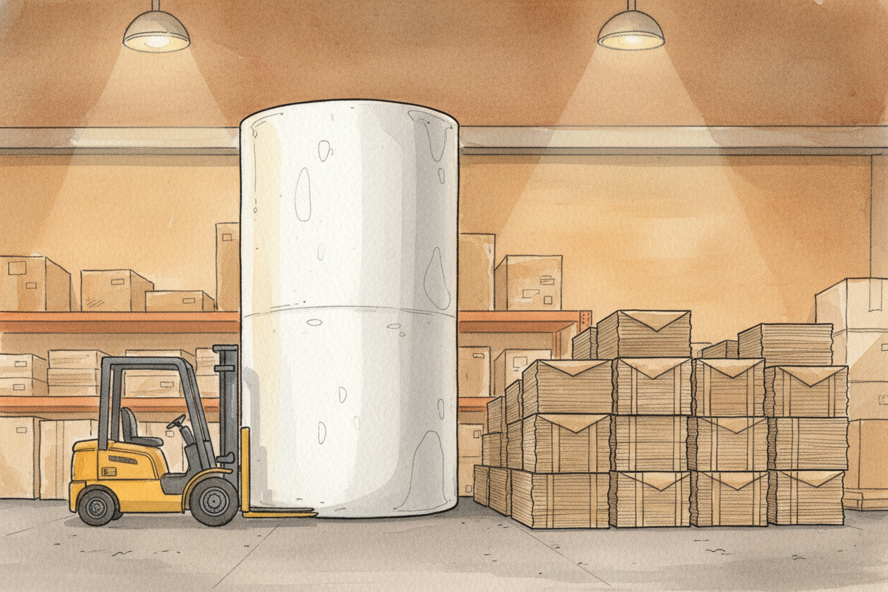 What comes out the other end is smooth, dry, strong paper — wound onto ++enormous rolls taller than a person++. Those ro