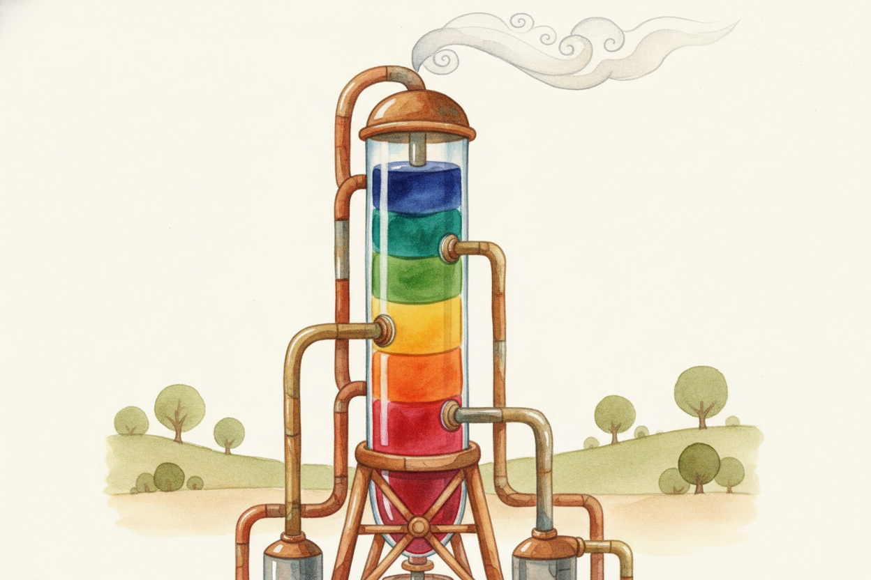 At a refinery, that crude oil gets heated until it boils and separates into different parts — ~~like how you can skim cr