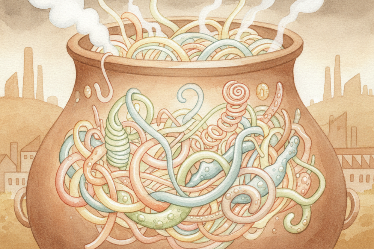 Those polymer chains tangle together **like cooked spaghetti**. That's what plastic is — *billions of long molecule chai