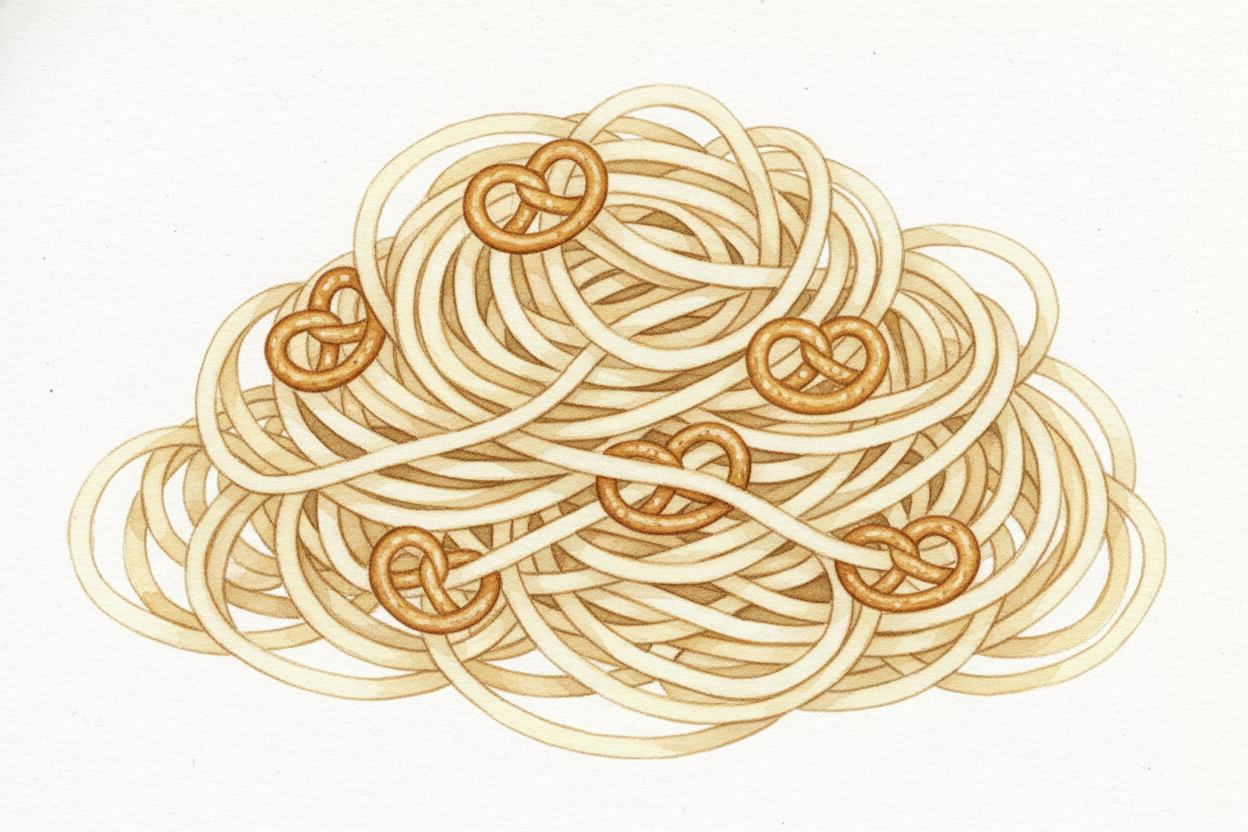 ~~But here's the trick:~~ the strands are connected to each other at a few key spots, like **bridges between noodles**. 