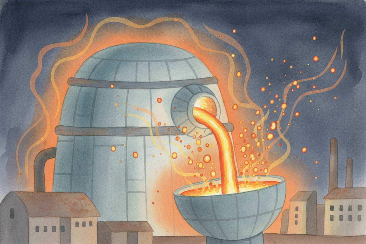 It starts in a ++blast furnace++ — a tower **as tall as a building**, roaring with heat. Workers dump iron ore, coke (a 