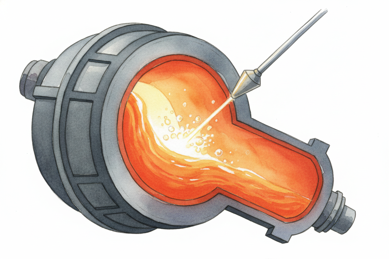 But that molten iron is still not steel. It's loaded with carbon — way too much. Think of carbon atoms like **tiny hard 