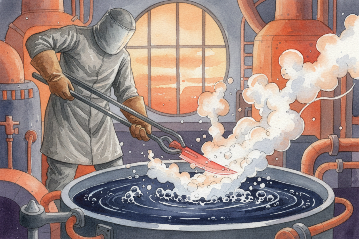 Then comes heat treatment — **the magic trick**. You heat the steel until it glows ~~cherry-red~~, then plunge it into o