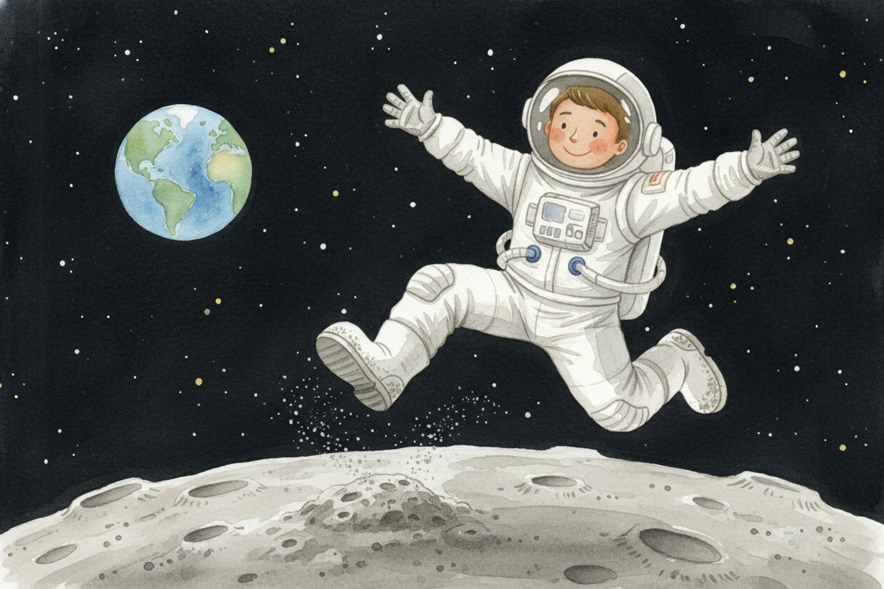 Let's start gentle. On the ++Moon++, gravity is only **one-sixth as strong** as Earth's. If you weigh 100 pounds here, y