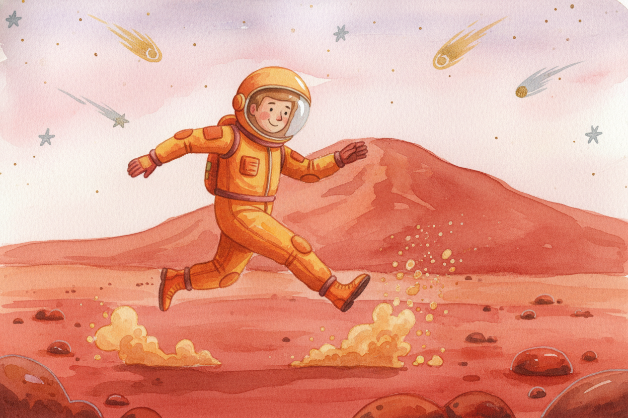 Now rocket over to ++Mars++. It's bigger than the Moon but smaller than Earth, so its gravity is in-between — about **on