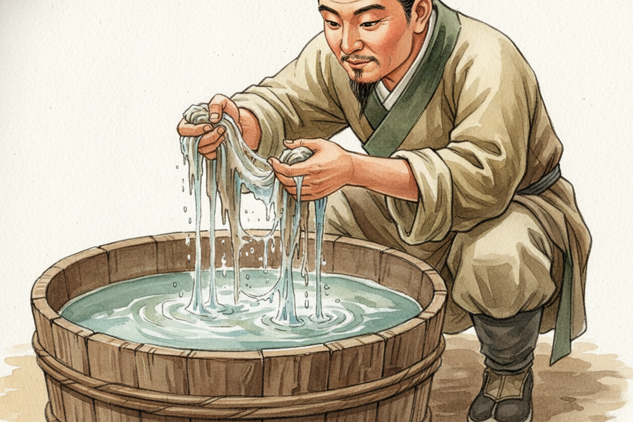 His name was ++Cai Lun++, and he worked in the ++Han Dynasty++ court around the year 105. He noticed something interesti