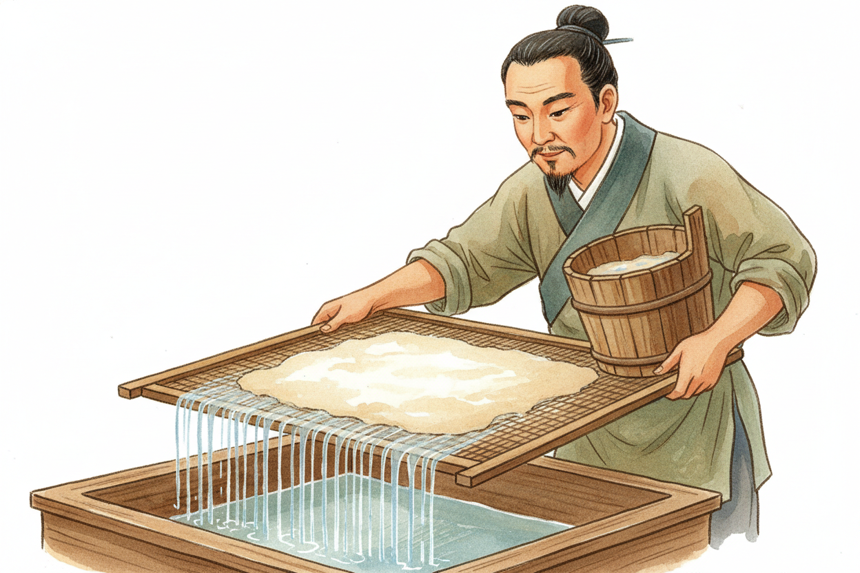 ~~So he tried it.~~ He soaked cloth rags, old fishing nets, and tree bark in water until they turned into a *soupy mush 