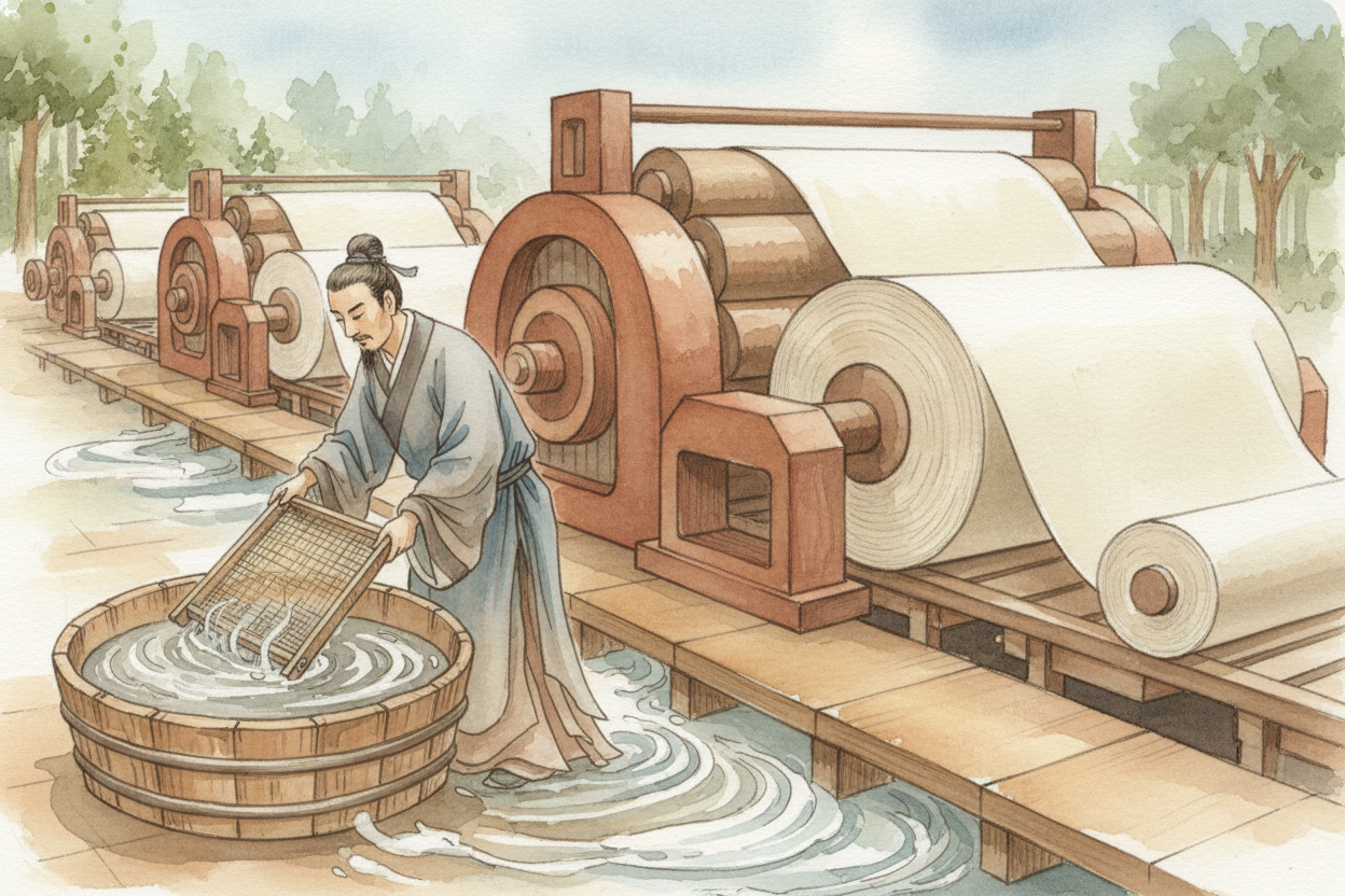 Today's paper mills use huge machines that can turn wood chips into paper in minutes instead of days. But the core idea 