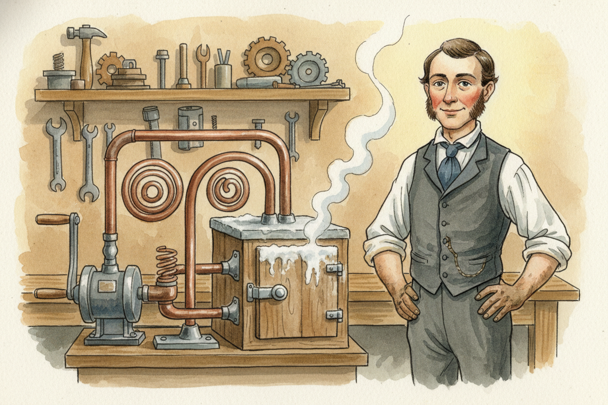 In 1834, ++Perkins++ built the first working machine. He used ether — a liquid that evaporates easily. Inside a closed s
