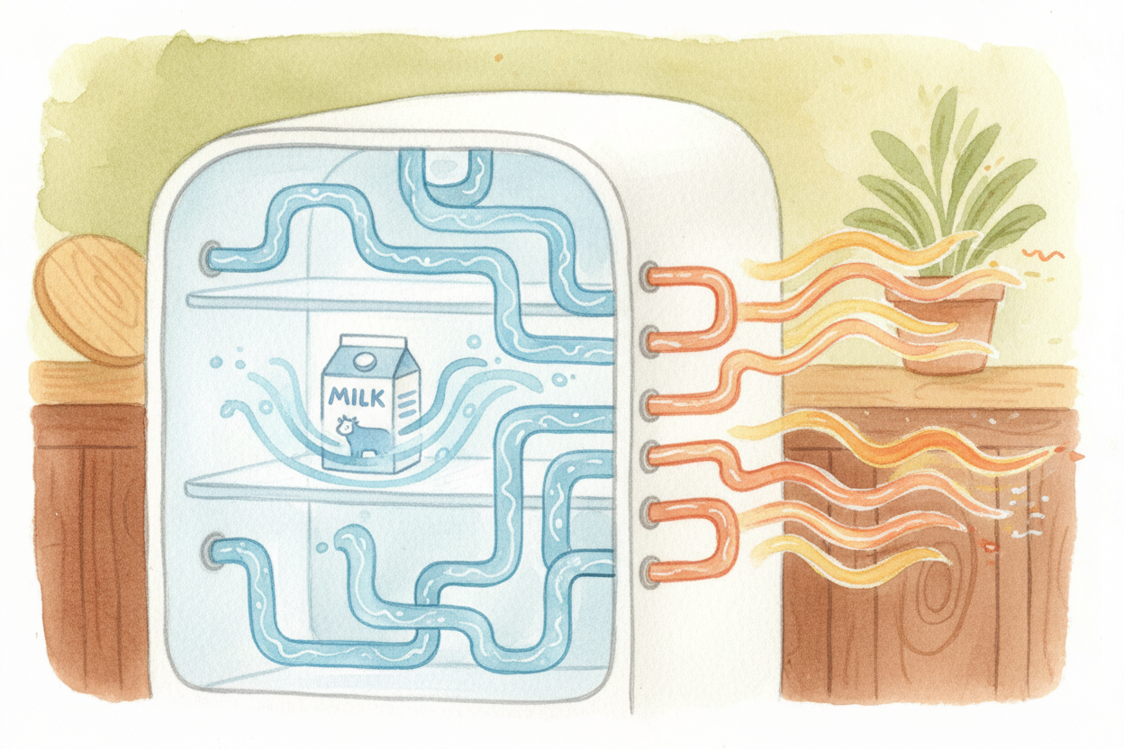 ~~Here's what happens~~ inside your fridge right now. A refrigerant liquid flows through a coil inside the fridge, evapo