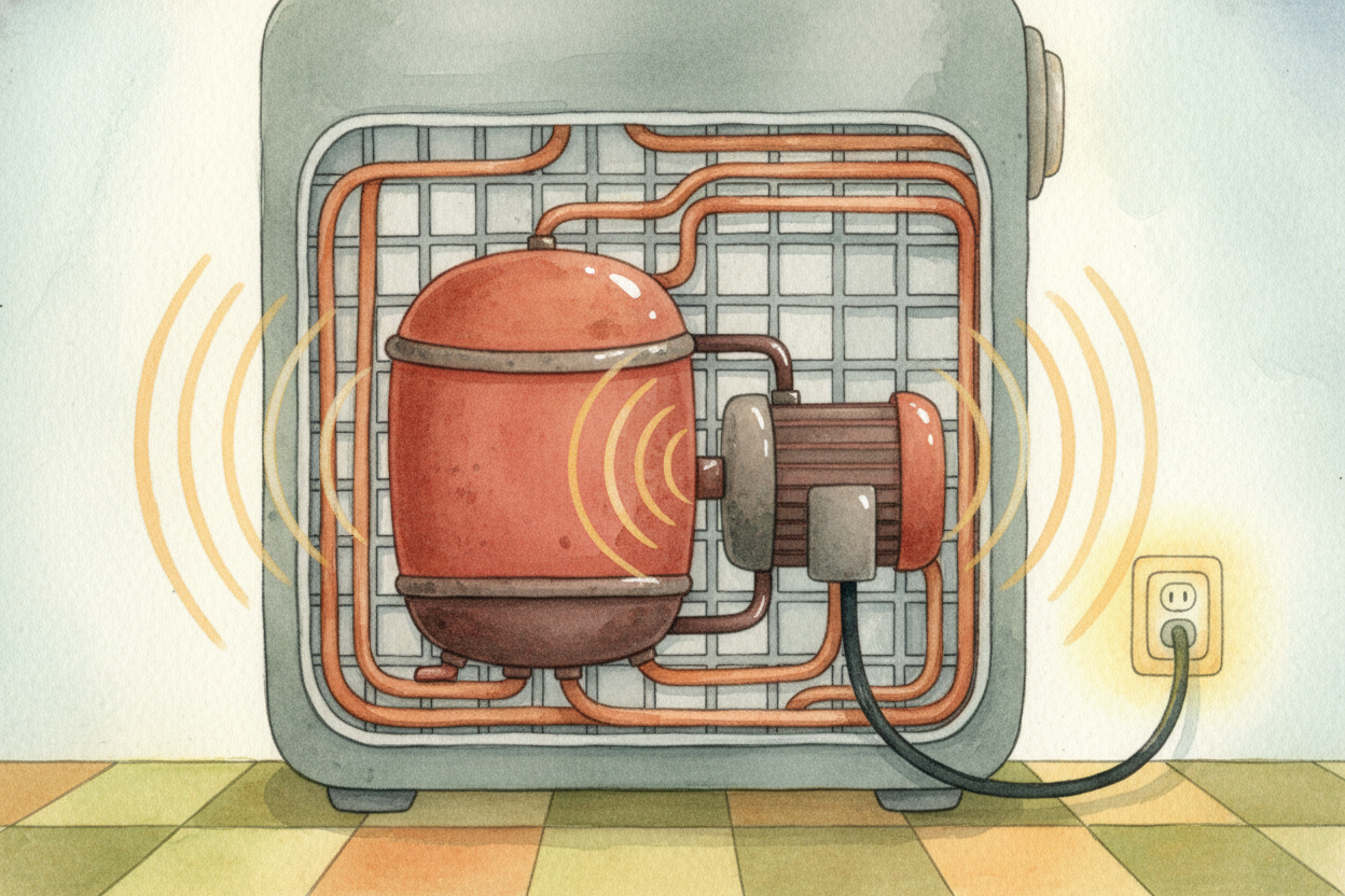 The compressor is the loud hum you hear ~~clicking on and off~~. When the inside gets warm enough, the compressor wakes 