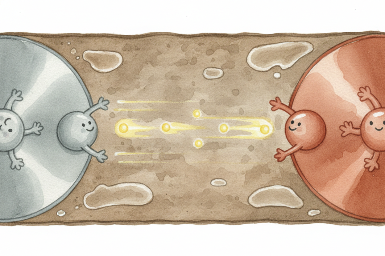 Here's the chemistry magic happening inside that stack: ++zinc++ atoms really, really want to give away electrons (tiny 