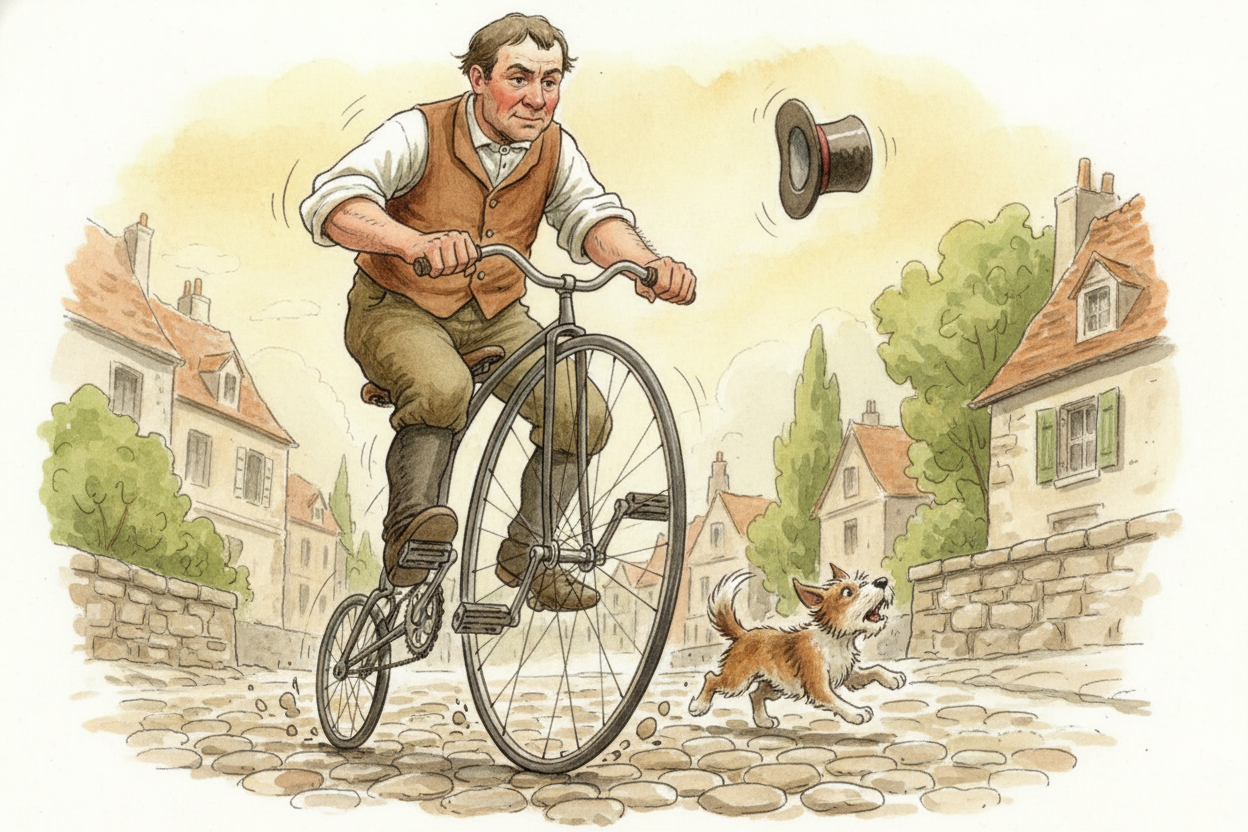Then, in the 1860s, a Frenchman named ++Pierre Michaux++ built a bike with pedals fixed to the front wheel — and this ti