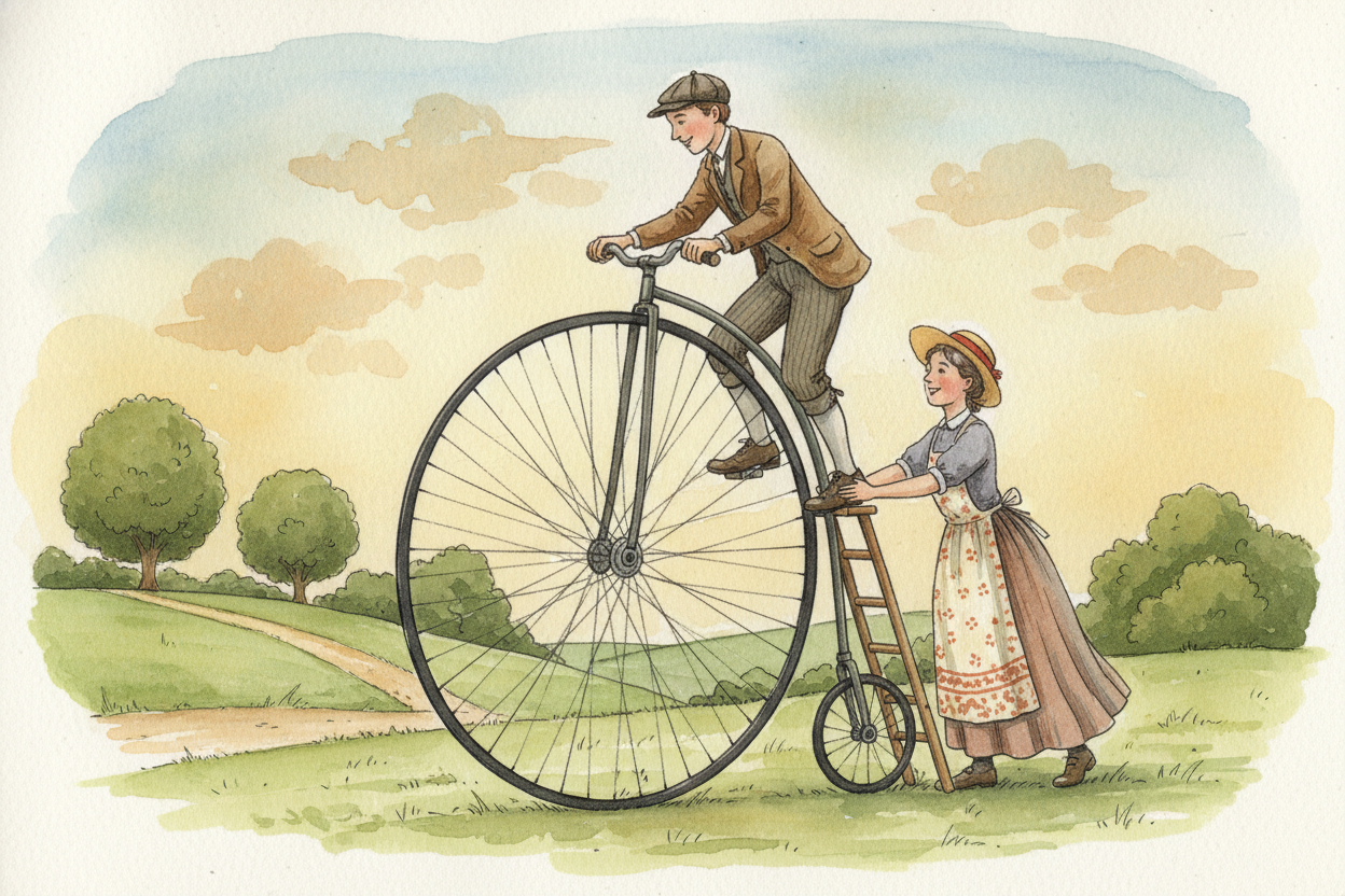 Next problem: how do you go even faster? Inventors realized that a bigger front wheel means **one pedal turn rolls you f