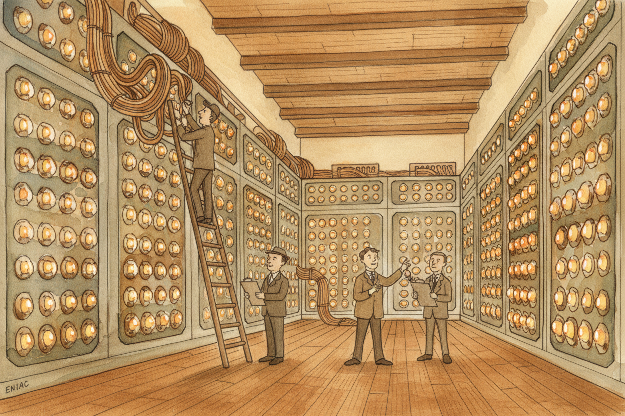 ++ENIAC++ was enormous. It filled a room the size of a house, weighed **thirty tons**, and used enough power to dim the 
