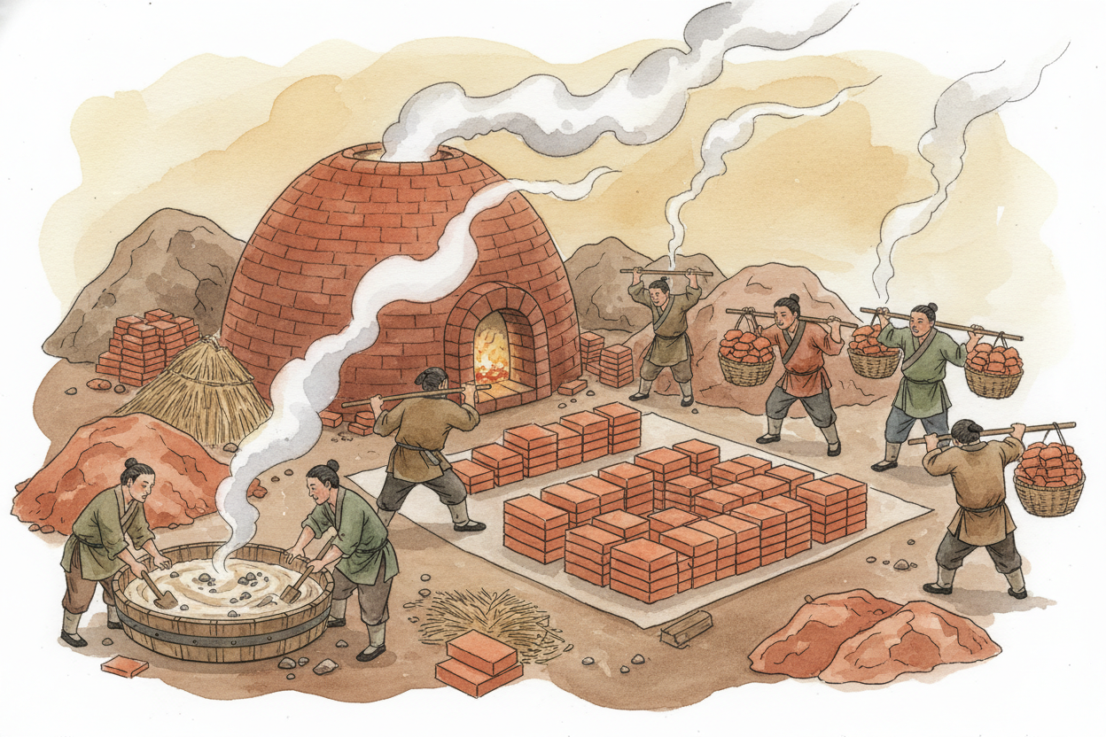 The bricks themselves came from right there. Workers **fired clay in temporary kilns** built on-site, turning mud into h