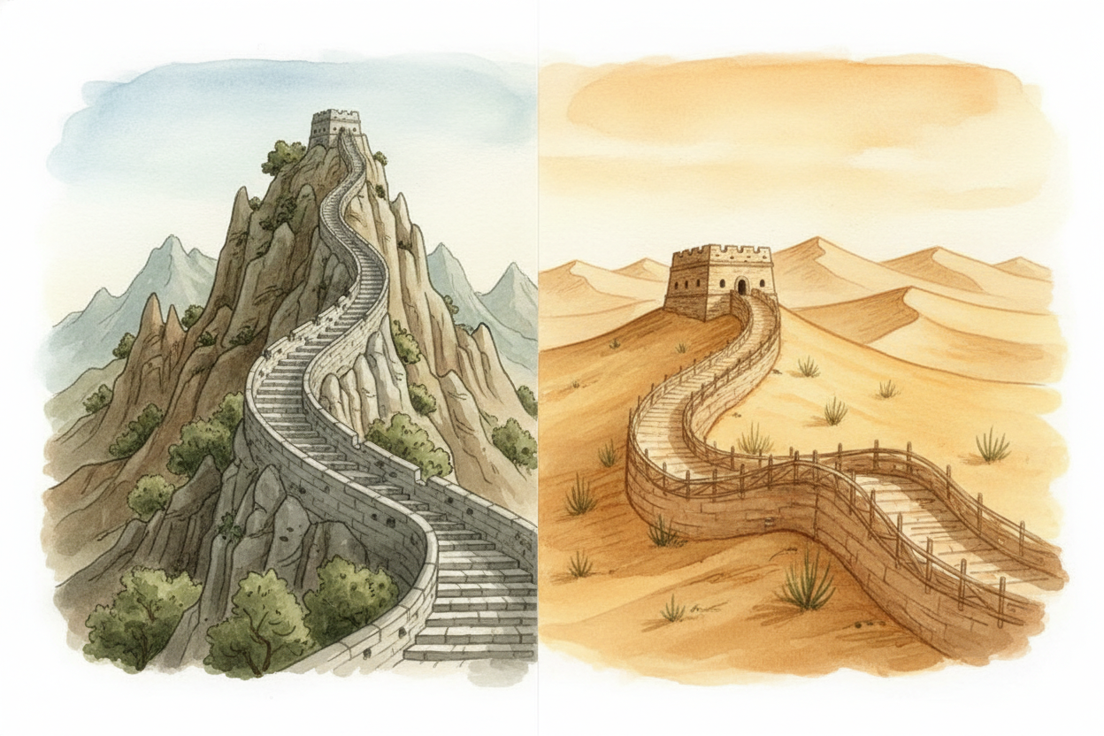 Some sections cross deserts, others cling to ridge lines so steep ~~you'd need climbing gear today~~. Builders adapted t
