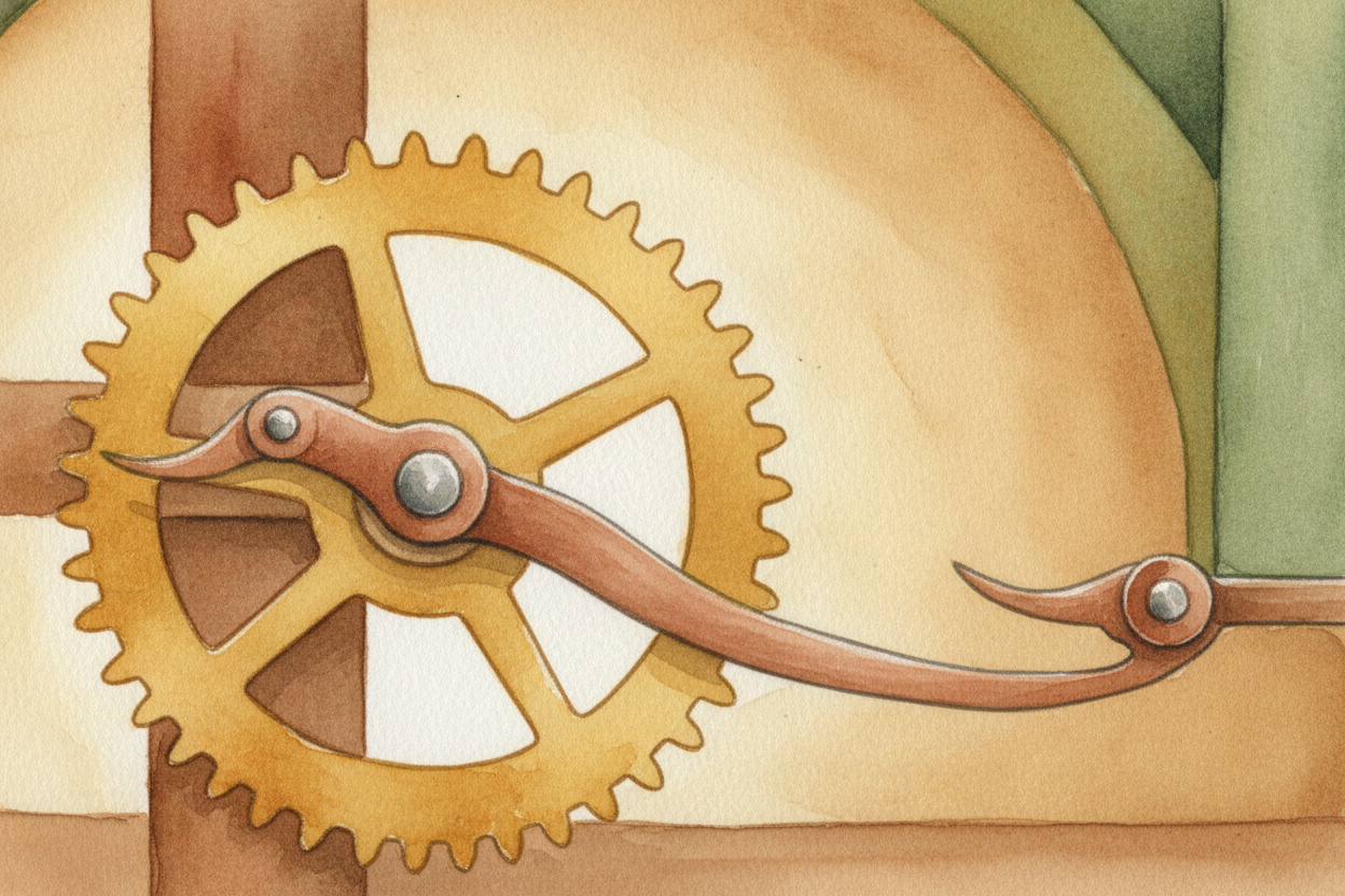 So they invented the ++escapement++ — **the heart of every mechanical clock ever made**. An escapement is a clever littl