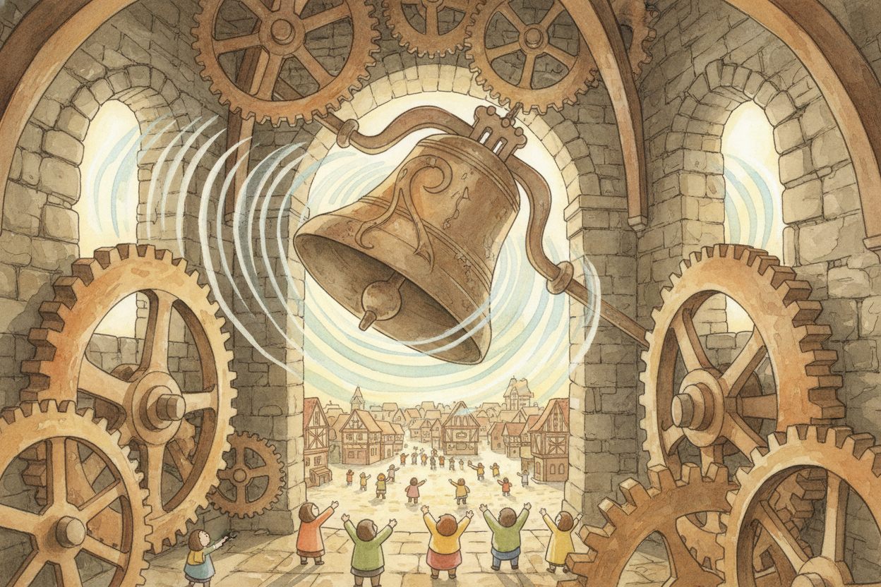 The first mechanical clocks were HUGE — **tower-sized machines** with no clock face at all, just a bell that bonged the 