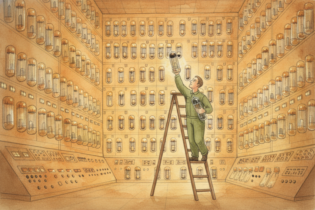 In the 1950s, computers were ~~room-sized monsters~~. Inside each one: thousands of glass vacuum tubes, **each as big as