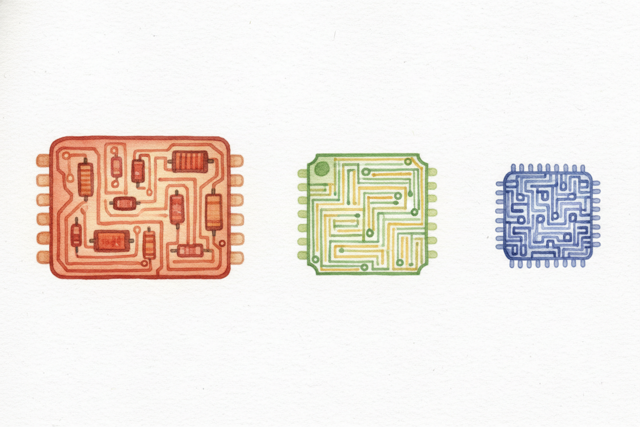 Once engineers knew the trick, they kept shrinking the circuits, fitting more and more switches onto each chip. **Two tr