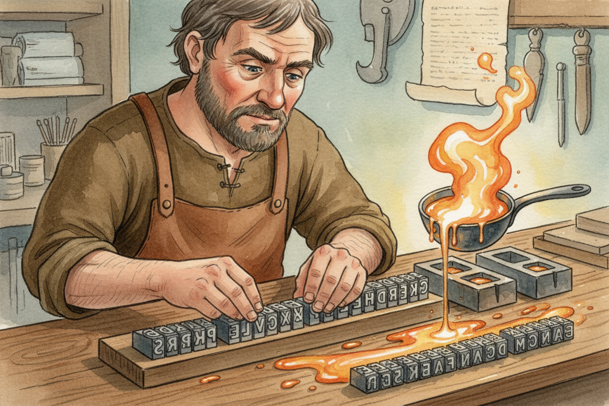 First, he needed letters. ++Gutenberg++ **carved each letter of the alphabet backwards** into steel punches — *tiny tool