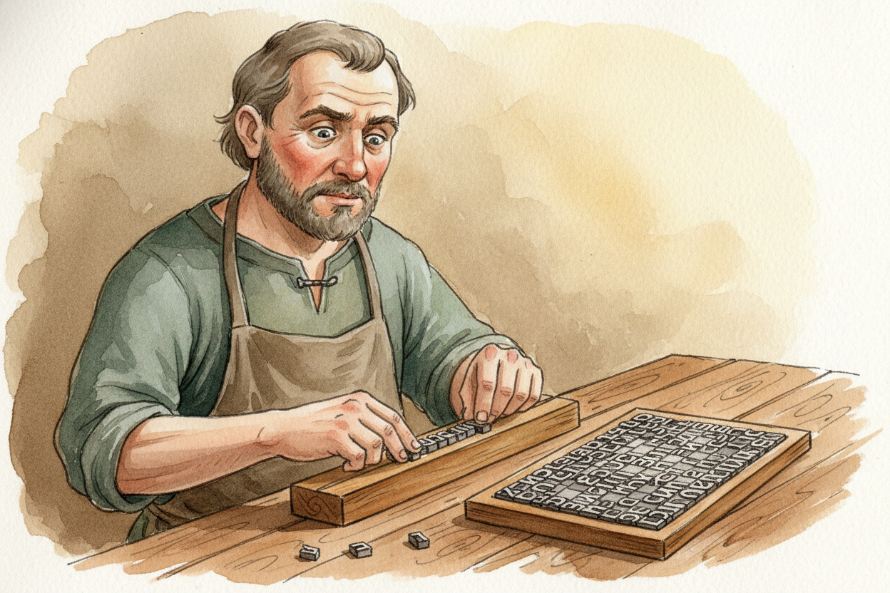 Next came the arranging. ++Gutenberg++ slid these metal letters into a wooden frame called a ++composing stick++, spelli