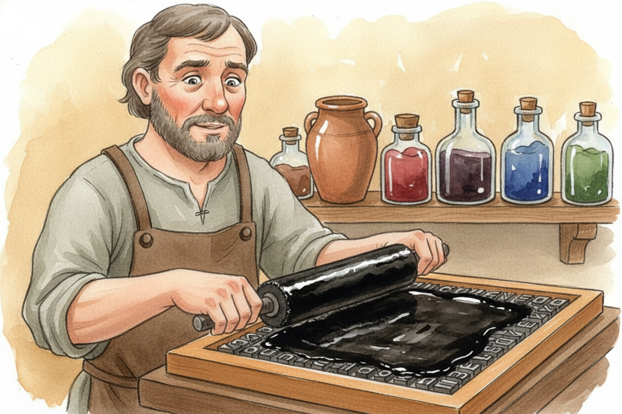 Then there was the **ink problem**. Regular writing ink was _too watery_ — it would just run off the metal. Gutenberg ex