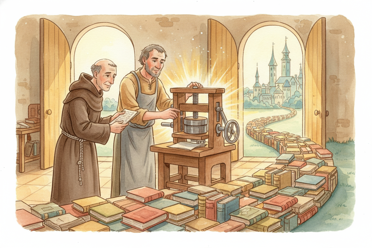 ++Gutenberg++ died poor — he'd borrowed money to build his press and never got rich from it. ~~But his invention changed