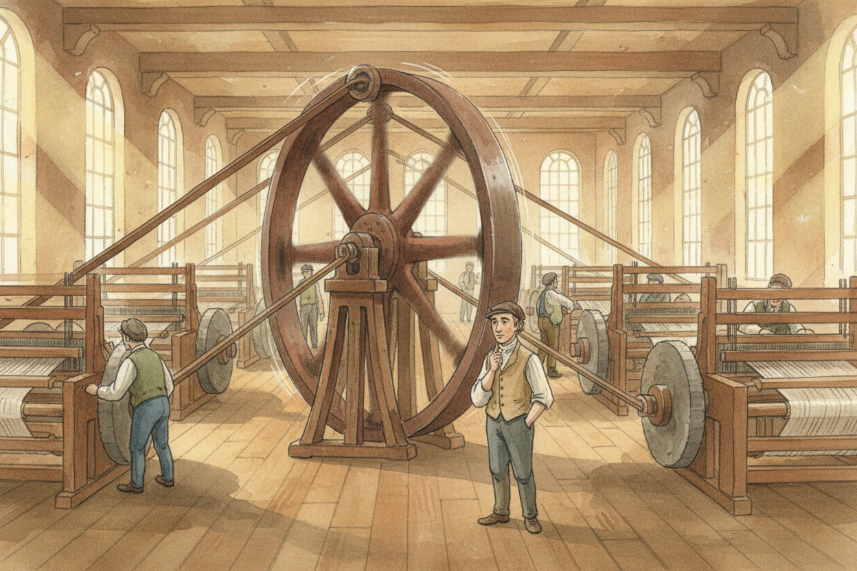 ~~Then came the really clever bit:~~ turning that back-and-forth motion into **spinning**. Watt added gears, a flywheel,