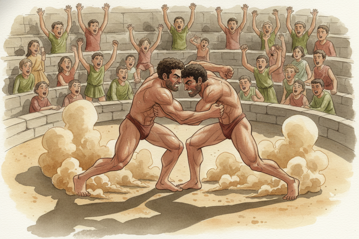 Over centuries, more events joined the program: longer footraces, wrestling, boxing (~~no gloves, just bare knuckles~~),