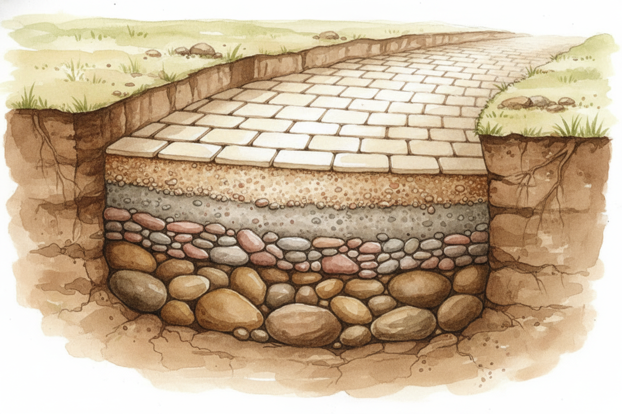 The Romans had a clever idea around 300 BCE: build roads in layers, ~~like a cake~~. First, they dug a trench. Then they