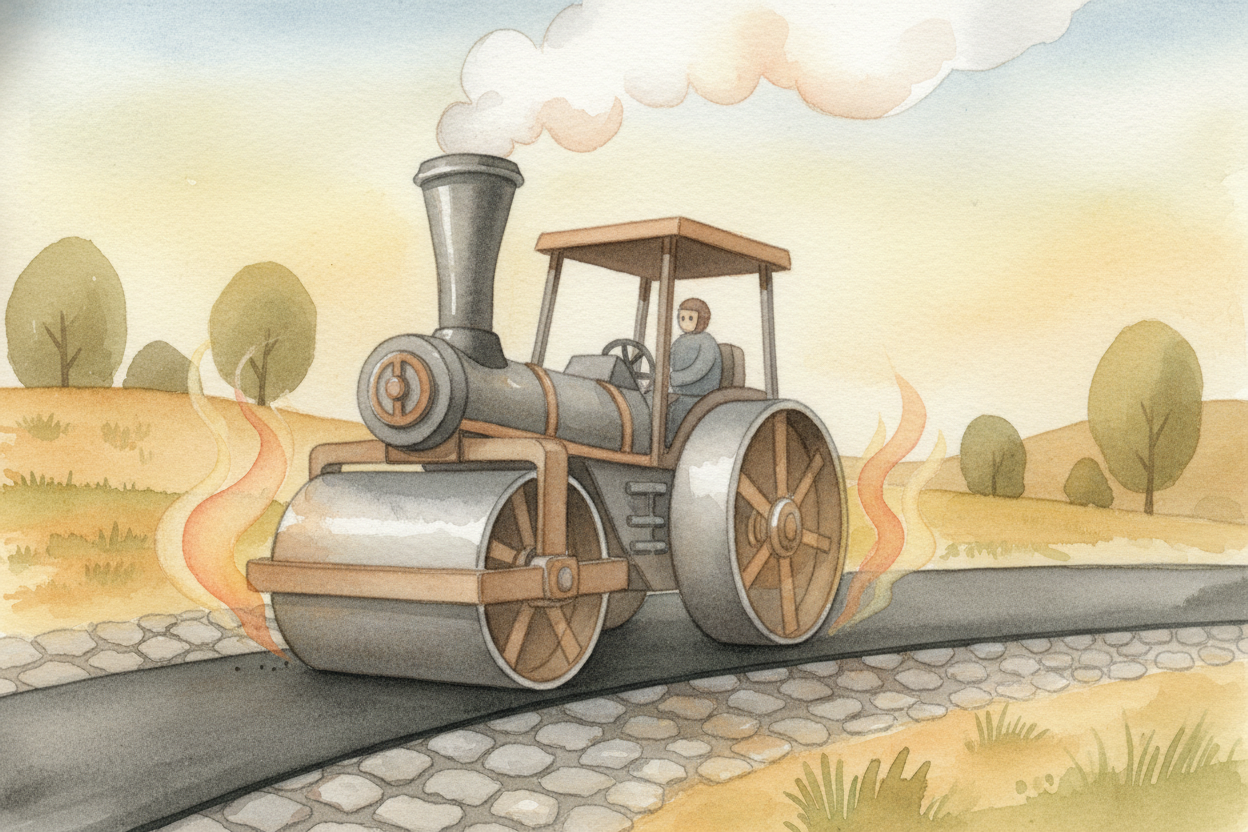 Then cars arrived, and macadam roads faced a new problem: ~~speeding tires kicked up clouds of dust~~ and slowly pulled 