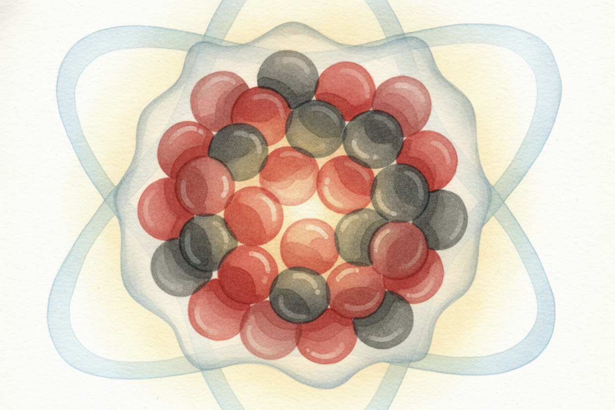 Now peek into that pea-sized nucleus. It's packed with two kinds of little balls: ++protons++ and ++neutrons++. Protons 