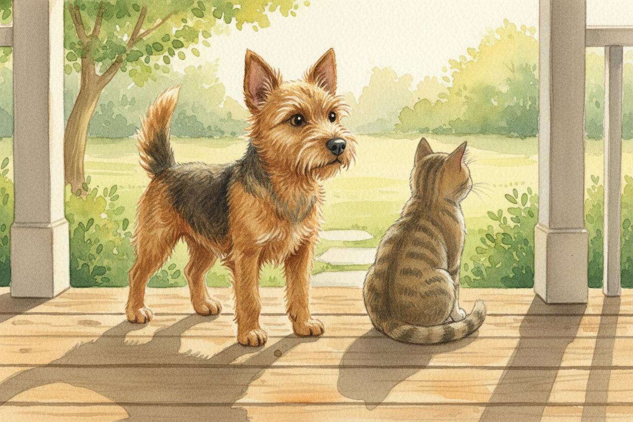 Australian Terriers stand only about ten inches tall at the shoulder and weigh around fourteen pounds โ **about the size