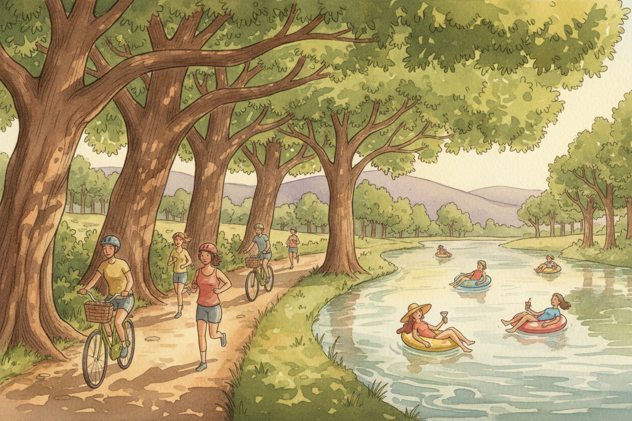 Running right through the middle of the city is the ++Boise River Greenbelt++ — a long, leafy path that follows the rive