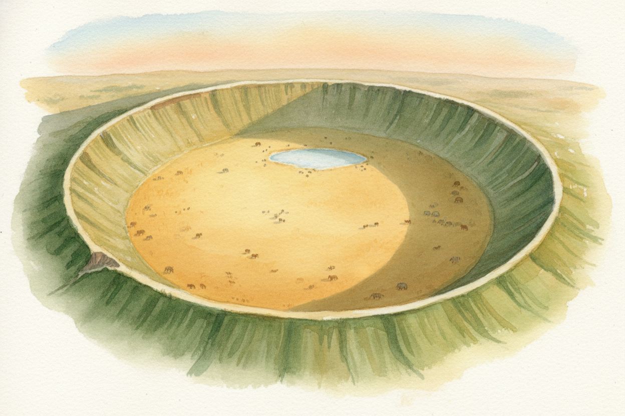 There's a place in ++Tanzania++ where the ground fell in millions of years ago, leaving a giant bowl—the ++Ngorongoro Cr