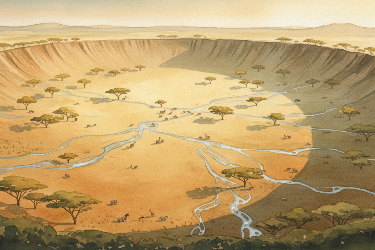 The walls keep them in, ~~but not really~~—*some animals leave, some stay forever, some commute*. The crater isn't a cag