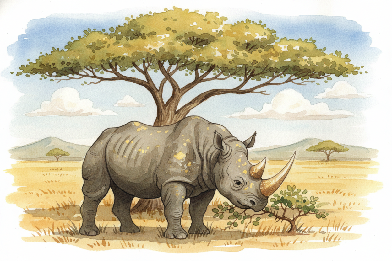 ++Black rhinos++—some of the last ones left in the world—wander through acacia groves like **armored tanks with terrible