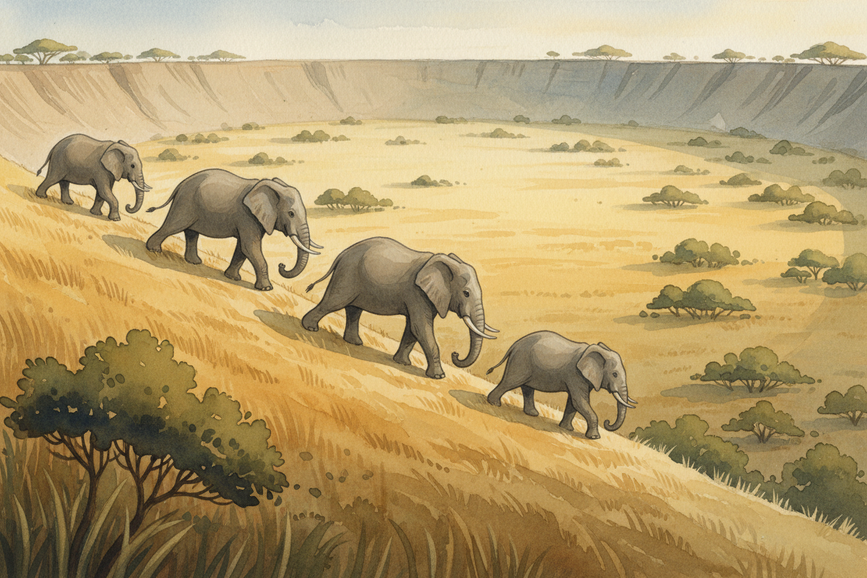 Elephants march down from the crater rim in the morning and back up at night, ~~commuting like office workers~~. The mal