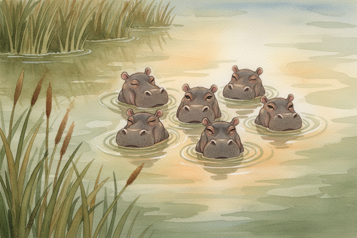 Hippos **own the pool**. In the crater's permanent water holes and swampy lake edges, hippos soak all day like **giant b