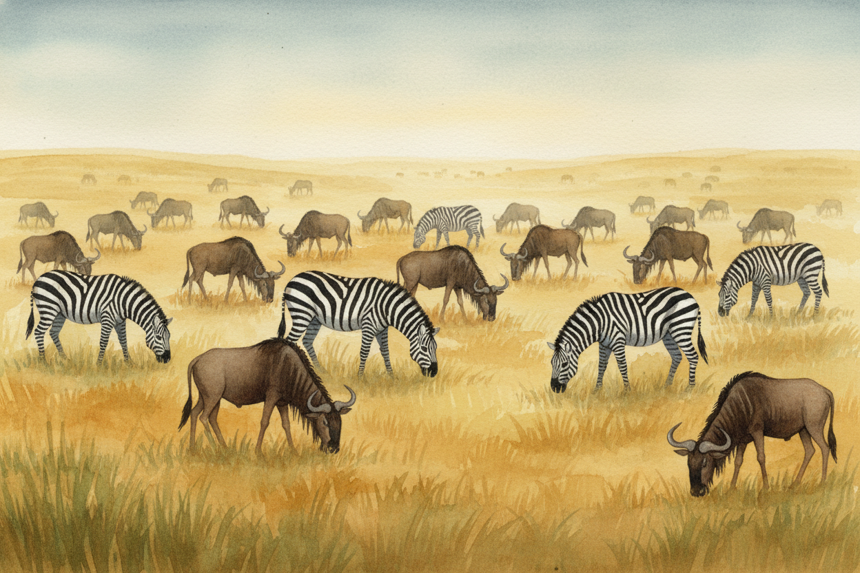 Zebras and wildebeest cover the grasslands in black-and-white stripes and shaggy brown coats, thousands of them. They mo