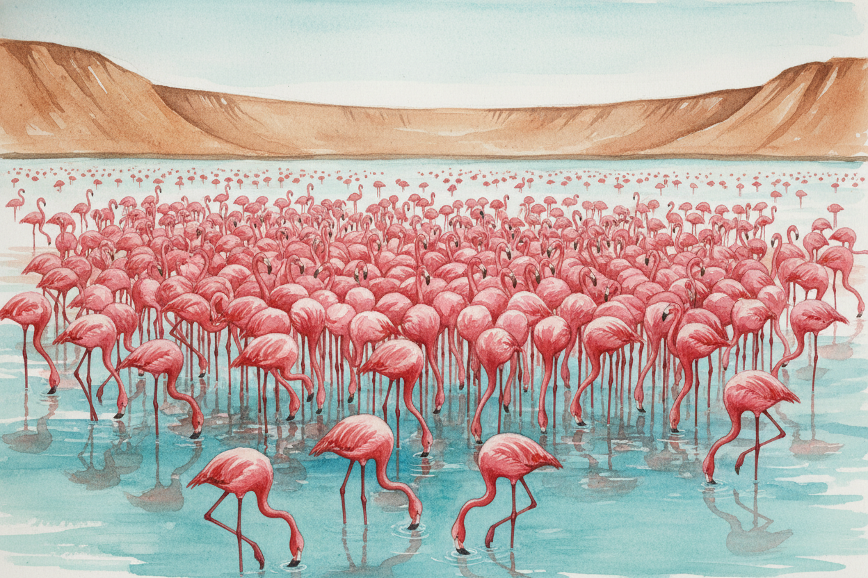 Flamingos turn the crater's soda lake pink, ~~like someone spilled strawberry milk~~. Thousands of them wade in the shal