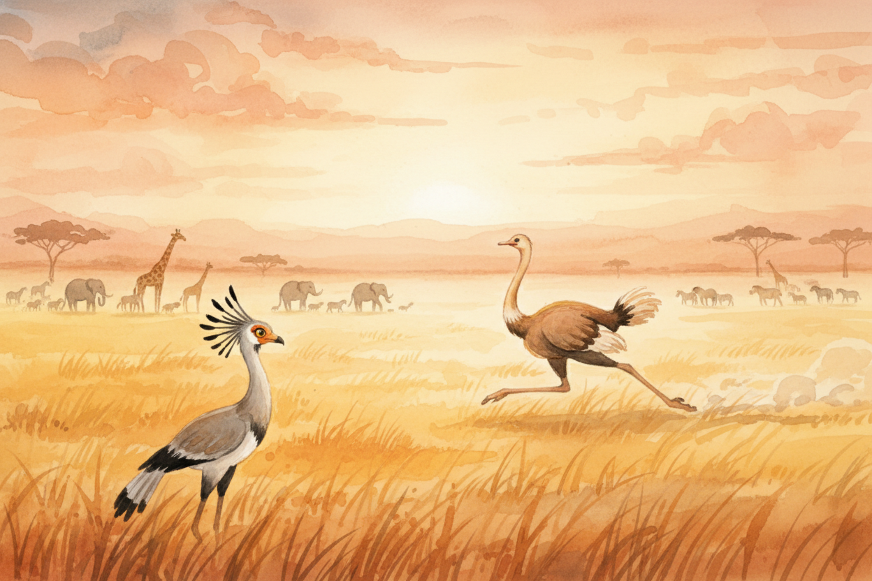 And thousands of other species share the plains — ostriches sprinting, secretary birds stomping on snakes, dung beetles 