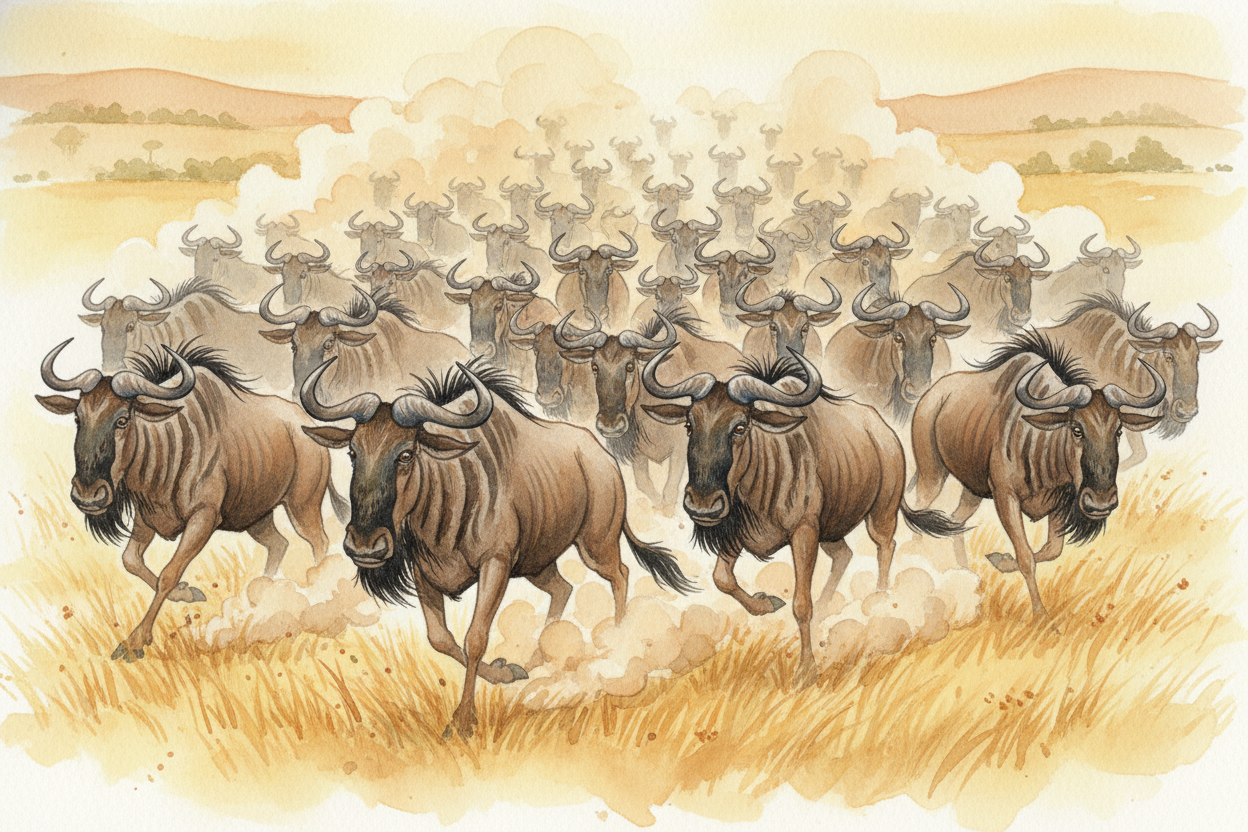 Millions of wildebeest — shaggy, bearded antelopes — thunder across the plains in the ++Great Migration++. They're follo